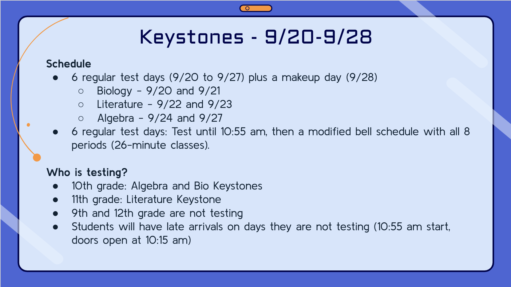 Keystone Testing Information for September 2021