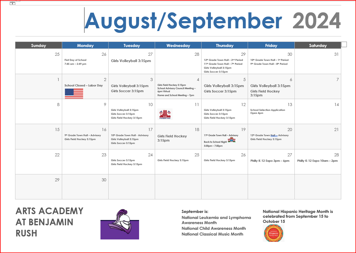 Rush Monthly Calendar Arts Academy At Benjamin Rush